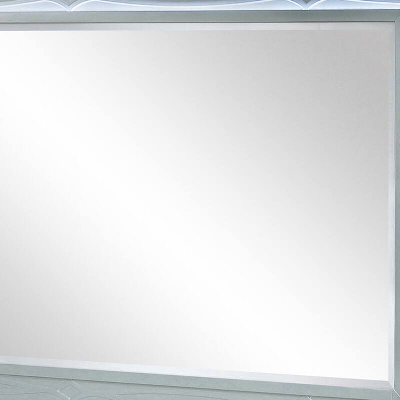 Gina 49 Inch Modern Mirror, Wood Frame, Built In Blue LED, Metallic Silver