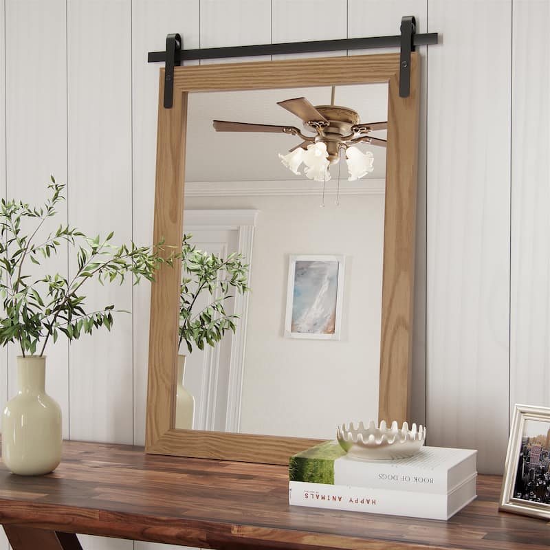 Rustic Farmhouse Rectangle Wood Frame Wall Mirror for Bathroom Vanity - 18W * 26H Inches - Brown