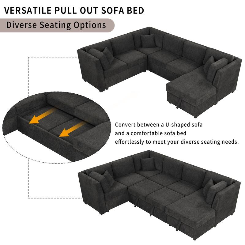108.6" U-shaped Sectional Sofa Pull out Sofa Bed with Two USB Ports, Two Power Sockets, Three Back Pillows and a Storage Chaise