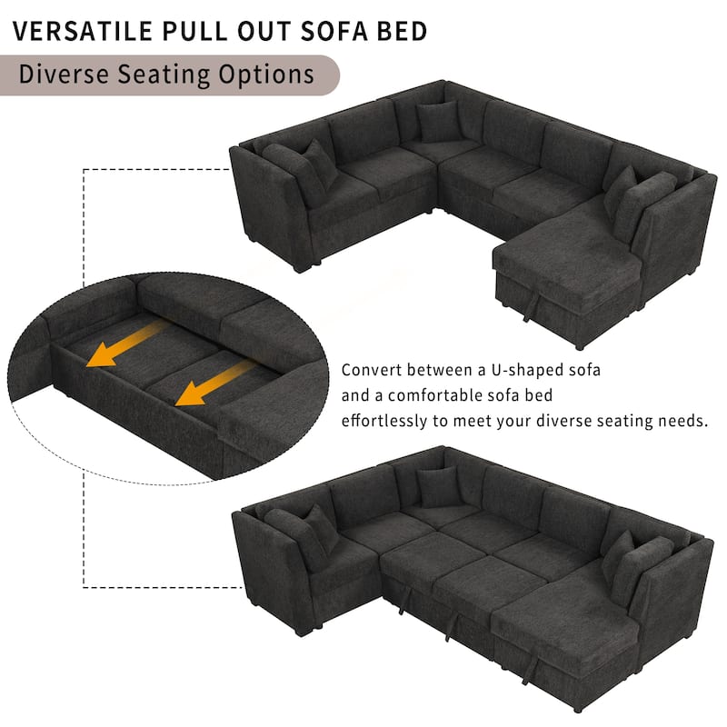 Roomfitters U-Shaped Sectional Sofa Pull-Out Bed with USB Ports, Power Sockets, Three Back Pillows, and Storage Chaise