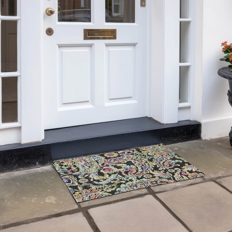 Machine Washable Indoor/ Outdoor Chantille Traditional Scroll Rug - Black - 1'8" x 2'6"