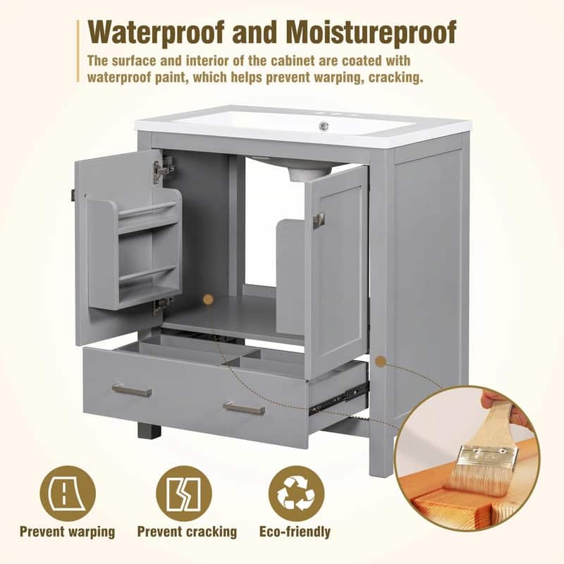 30" White Bathroom Vanity with Single Sink, 2 Doors, and Drawer