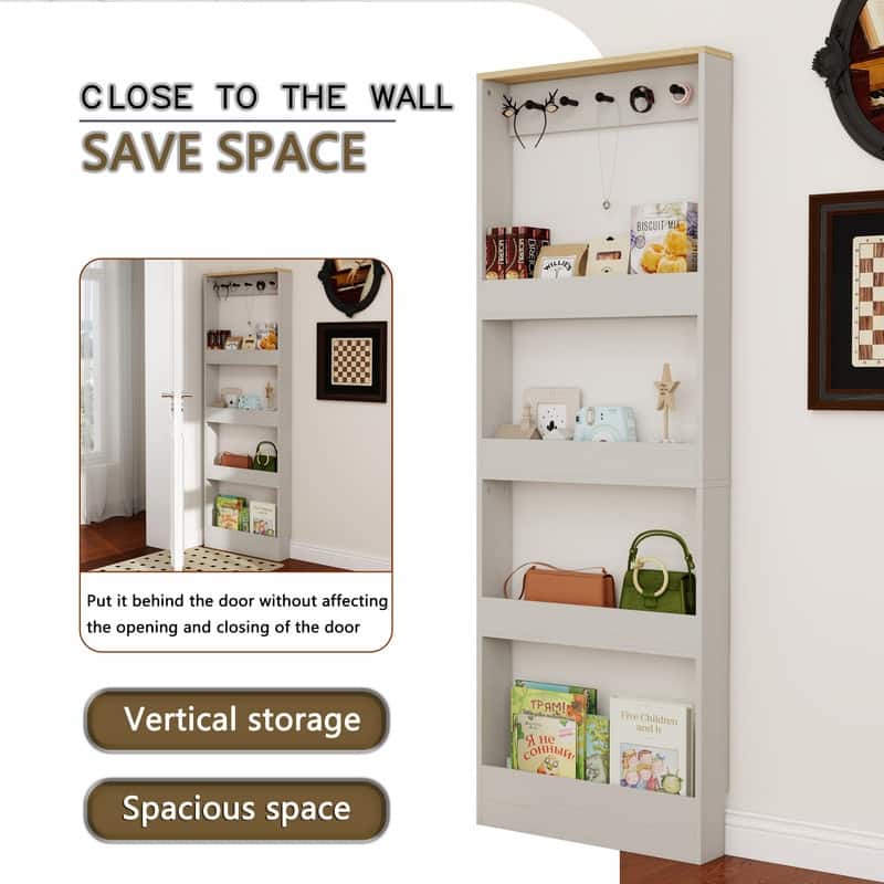 Behind The Door 69" Tall Narrow Bookcase, Space-Saving Storage Cabinet with 4 Shelves & 5 Hooks for Any Room