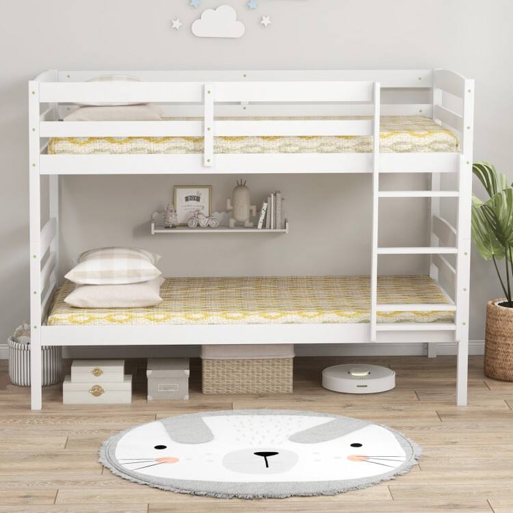 Solid Wood Twin Over Twin Bunk Bed with Guardrails and Ladder