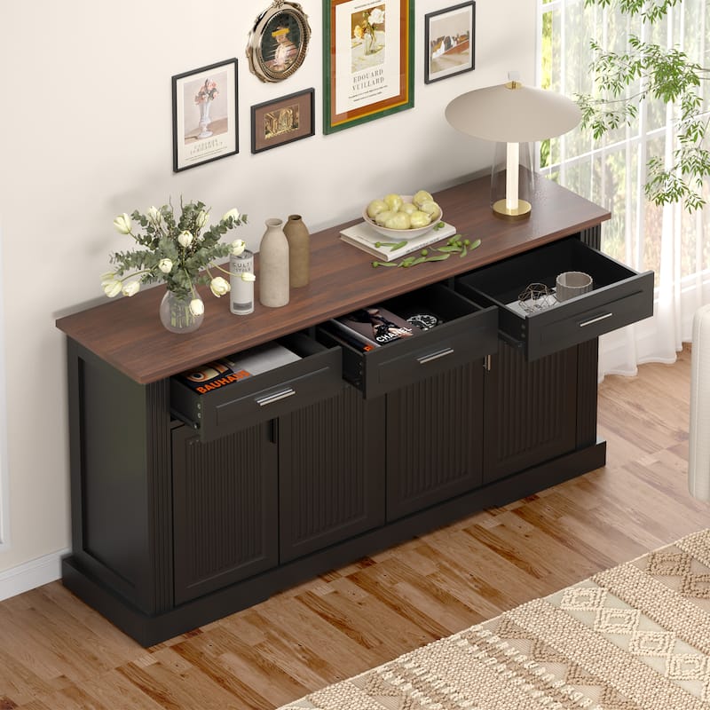 63" Fluted Farmhouse Credenza - Multi-Functional Storage Unit with Coffee Bar Top, 4 Cabinet Doors & 3 Organizational Drawers‌