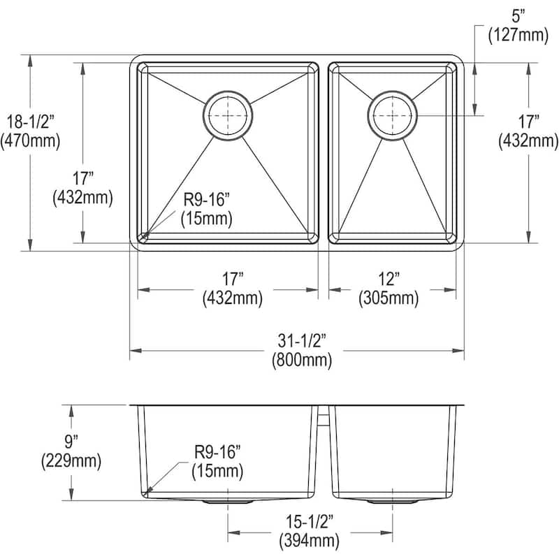 Elkay Crosstown Stainless Steel 31-1/2" x 18-1/2" x 9", 60/40 Double Bowl Undermount Sink