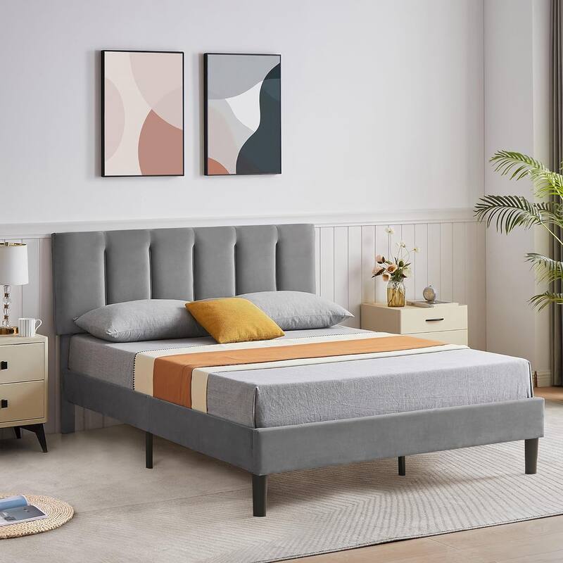 Javlergo Velvet Upholstered Platform Bed Frame with Adjustable Headboard - Dark Grey - Full