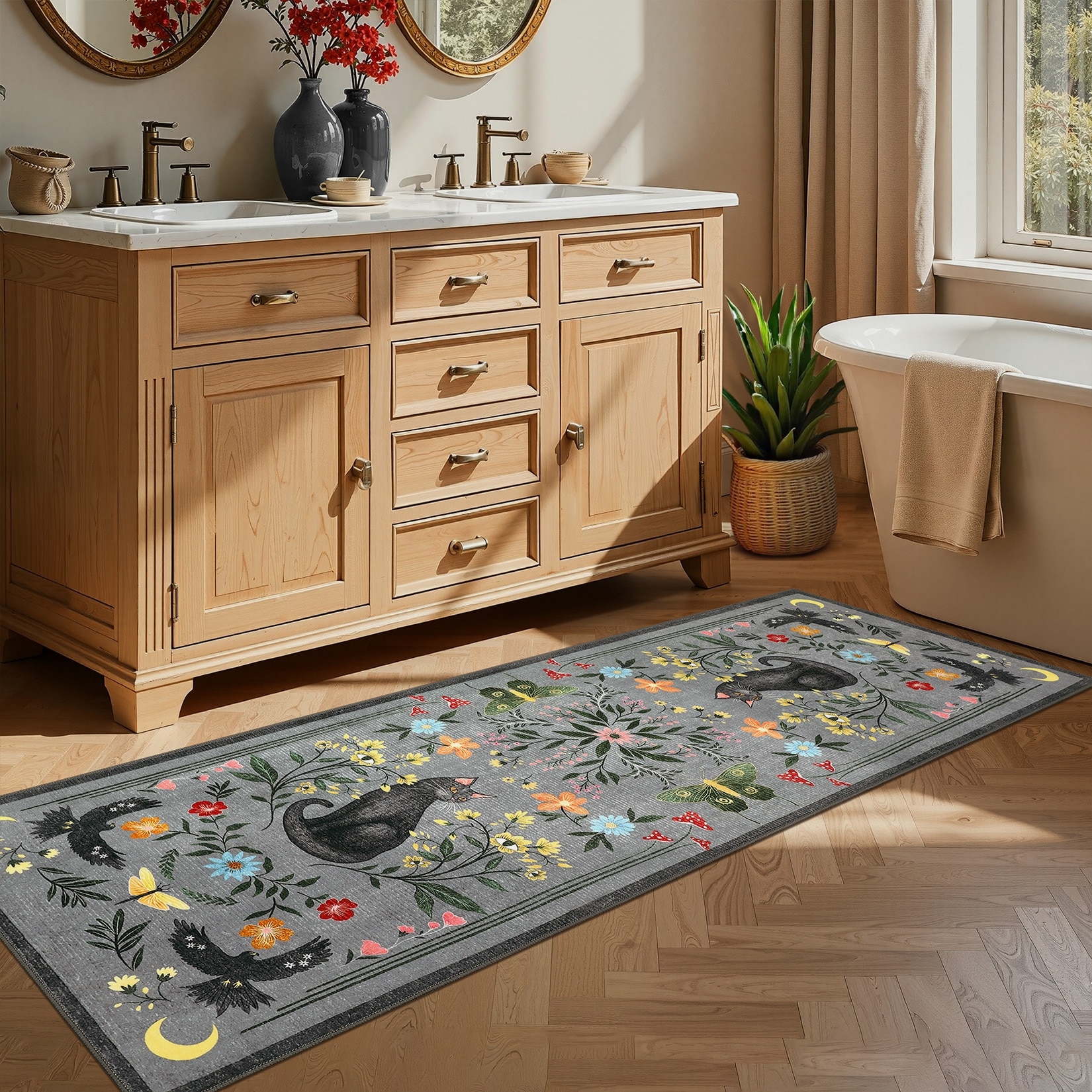 Garvee Cat Floral Washable Living Room Area Rug