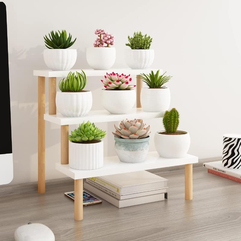 Small Plant Stand Indoor Ladder Shelf Desk - White