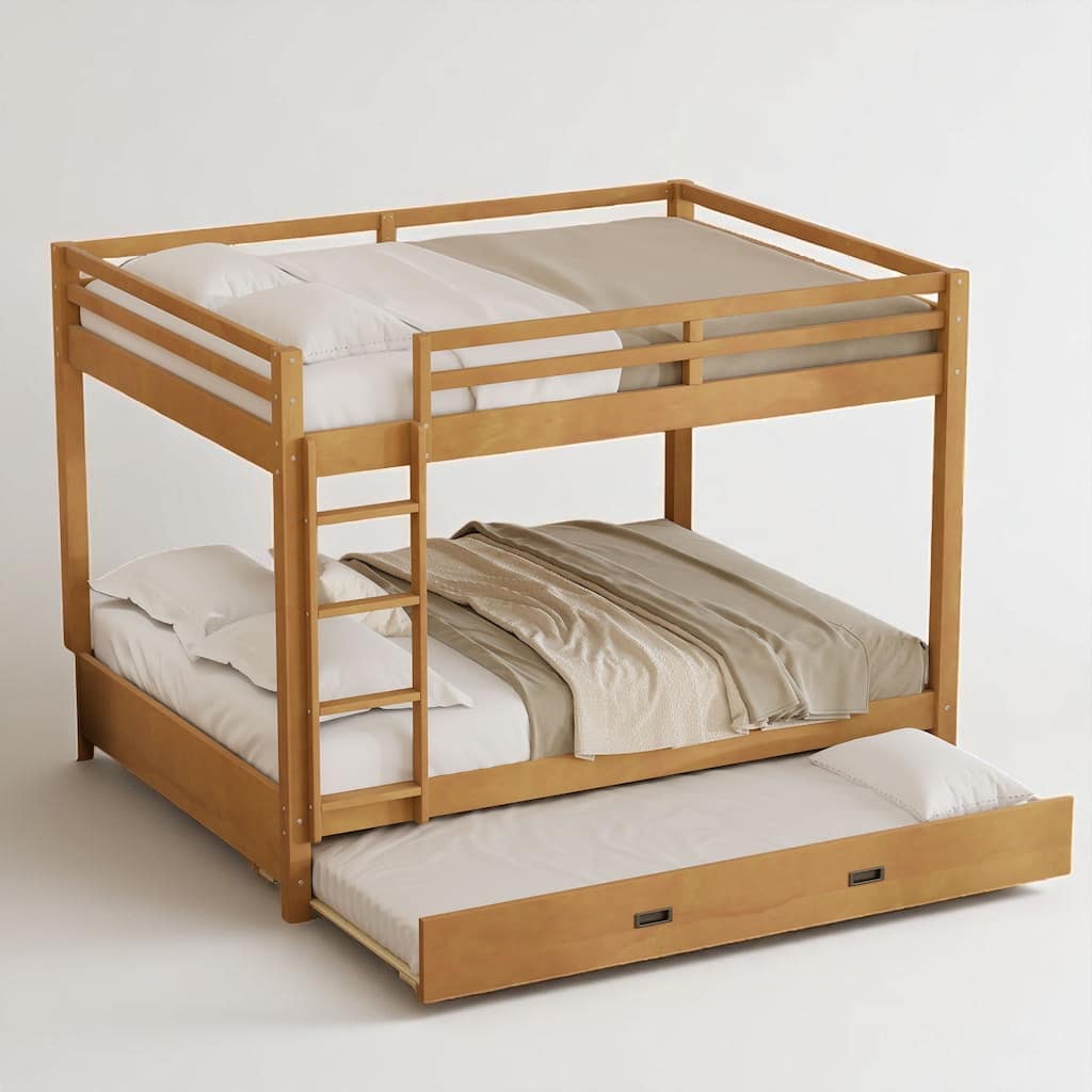 Wood Queen Bunk Bed Frame with Ladder and Trundle, Slatted Support, Safe Railings, Easy Assembly Included