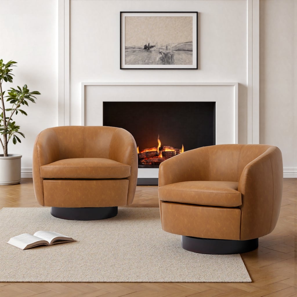 PU Upholstered Swivel Barrel Accent Chair With Wood Base (Set of 2)