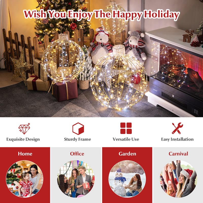 Gymax Set of 3 Christmas Globe Light Hanging Tree Light Ball Decor w/