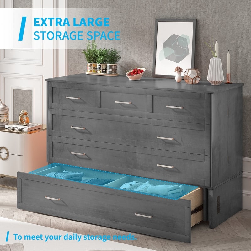 Mixoy Queen Murphy Bed Cabinet Bed Chest with Mattress,Drawers,USB Charging Station