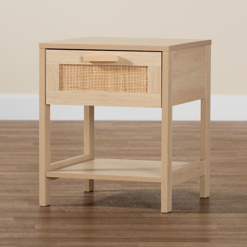 Baxton Studio Sebille Mid-Century Modern Light Brown Finished Wood 1-Drawer End Table with Natural Rattan