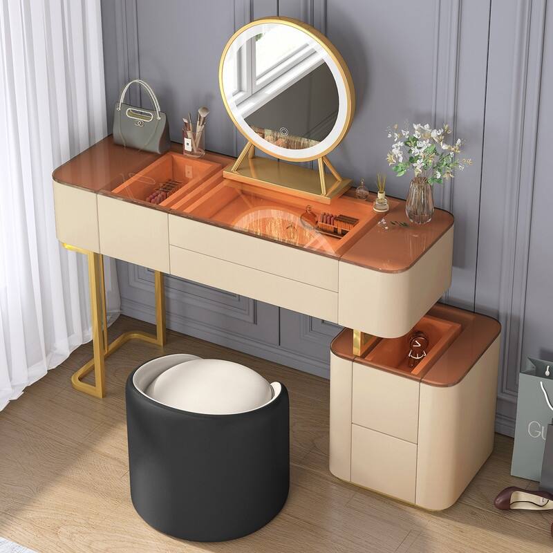 Mixoy Luxury Dressing Table Set with Touch Screen Mirror and Stool,Small Makeup Vanity Table with 5 Drawers Storage