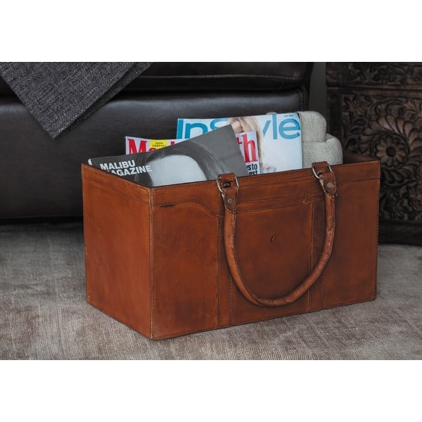 slide 2 of 20, Brown Leather Handmade Box Style Single Slot Magazine Holder with Detail Stitching and Curved Handles Brown