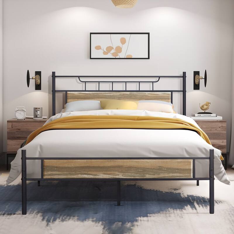 VECELO Industrial Bed Frame with Wood Headboard,Twin/Full/Queen Size Bed, Black/Brown/Slate-3 colors