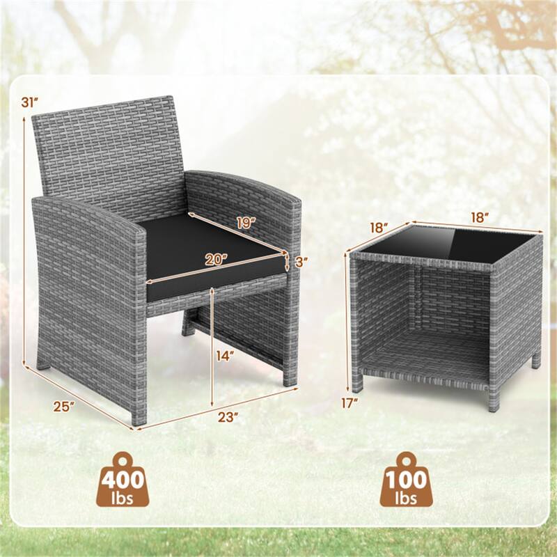 2-Piece Rattan Bistro Set with Comfortable Cushions and Tempered Glass Table Outdoor Patio - Table: 18" × 18" × 17"