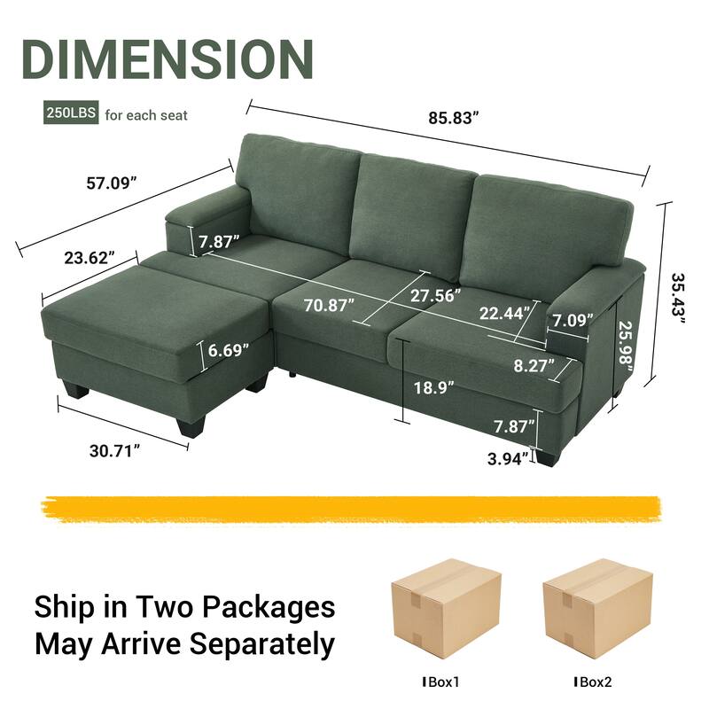 86" L-Shaped Sectional Sofa with Armrest Storage, Movable Ottoman, Thick Cushions, Linen Upholstery for Living Room