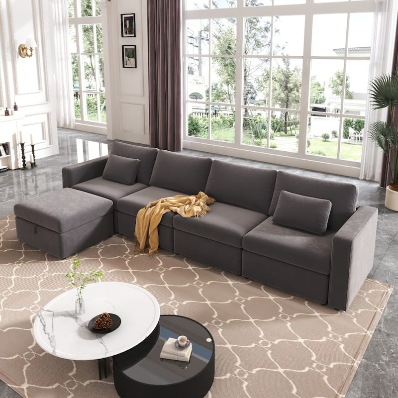 Modern Cotton Linen L-Shape Sectional Sofa, Oversized Upholstery Sectional Sofa, Chaise Couch with Storage Ottomans for Living R