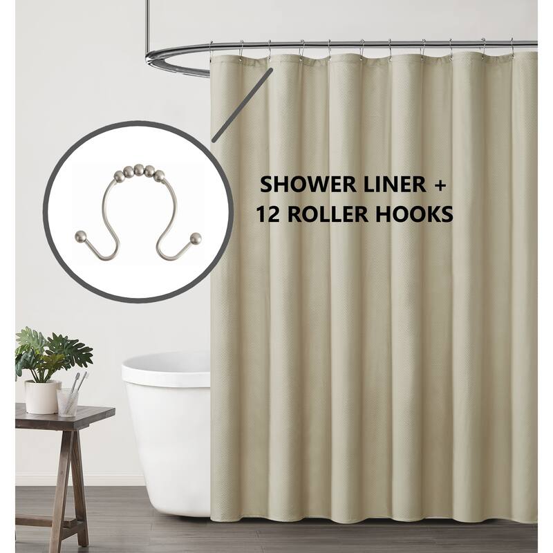 Truly Calm Embossed Fabric 70x72 Shower Liner - Beige + 12 Hooks Included