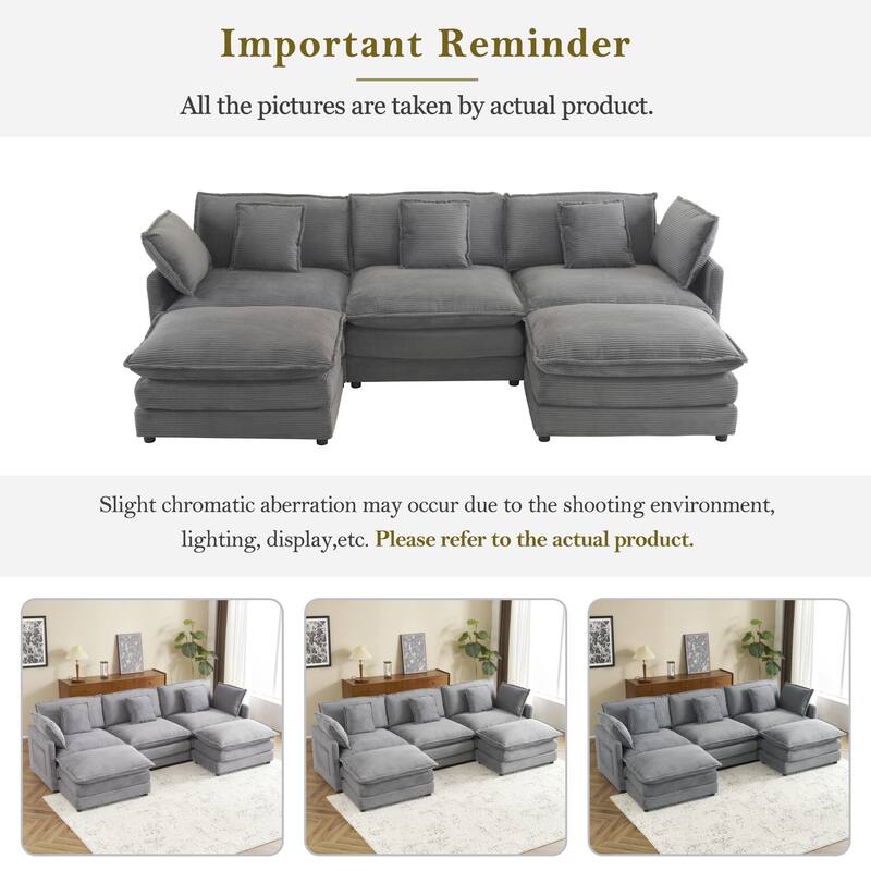 112.6" Corduroy Modular Sectional Sofa with Ottoman and Storage Pockets
