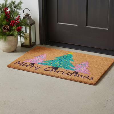 HomeRoots 17" X 29" Brown Green And Pink Christmas Trees Merry Christmas Outdoor Coir Door Mat - 17.00' X '29.00