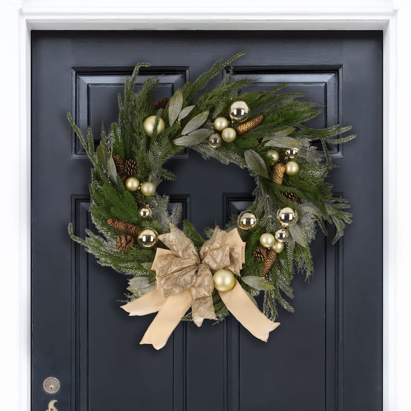 SAFAVIEH Home Faux 28-inch Pine Needle Wreath With Ornaments And Ribbon & Pine Cone