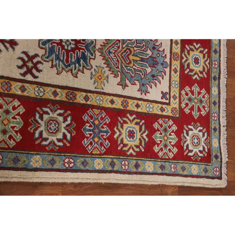 Geometric Ivory Kazak Oriental Area Rug Handmade Wool Carpet - 5'2" x 6'6"