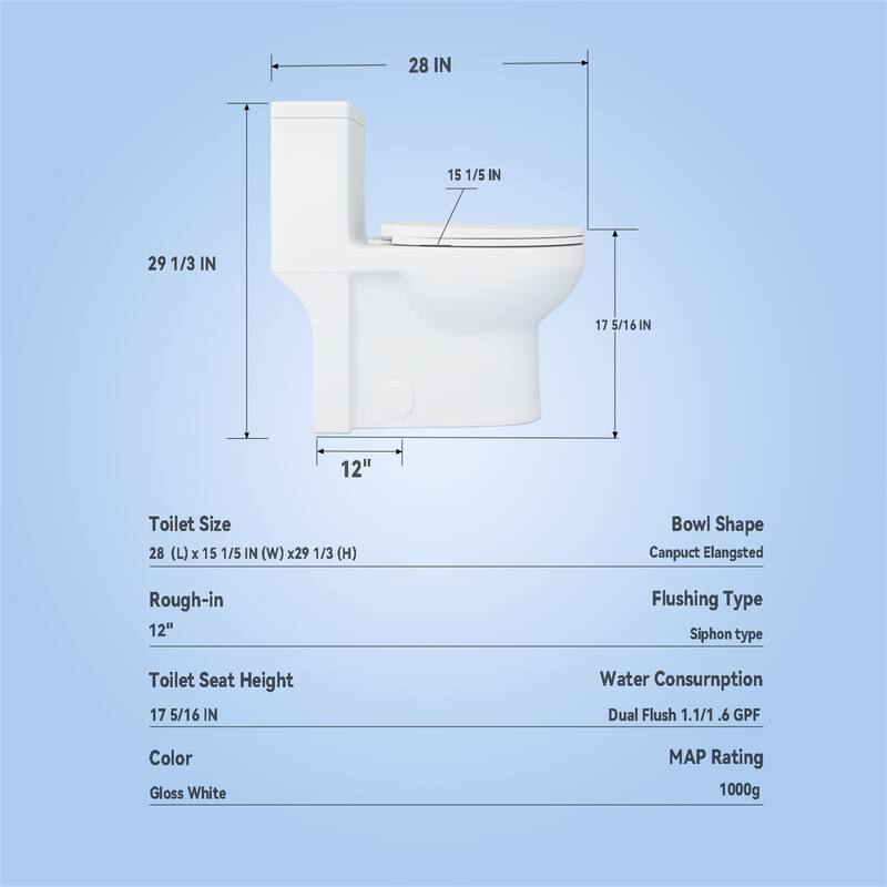 1.6/1.1GPF Dual-Flush One-Piece Toilet, Elongated ADA, 1000g MAP,White