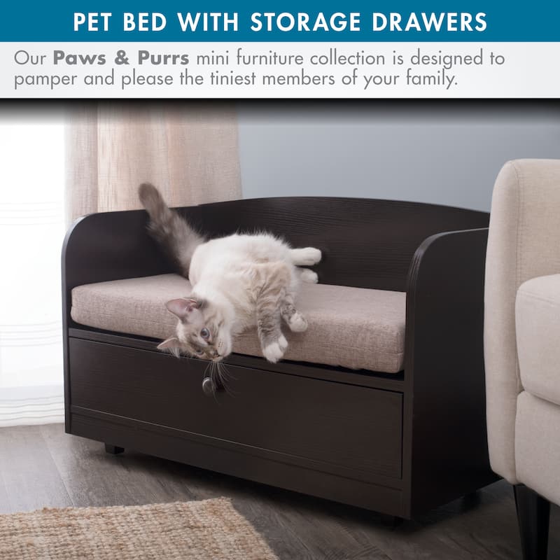 Studio Designs Paws & Purrs Pet Sofa Bed with Storage Drawer and Washable Cover Espresso/Sand