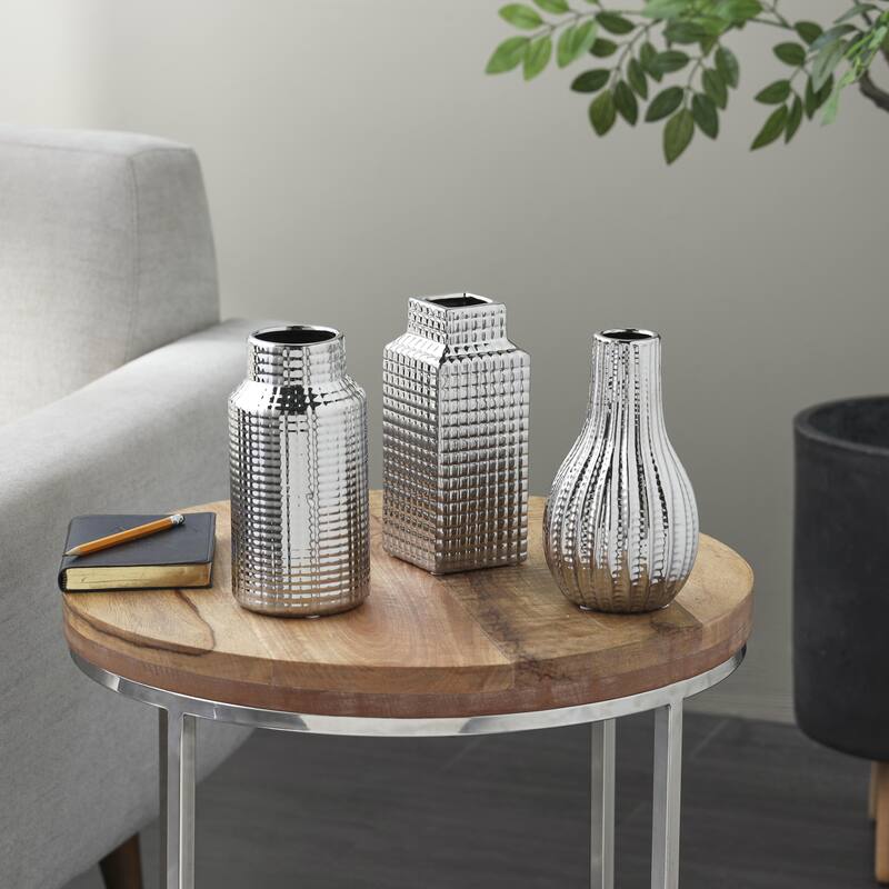 Ceramic Geometric Dimensional Textured Decorative Vase with Varying Shapes - Set of 3 Gold, Silver, Cream - Roche River Decor
