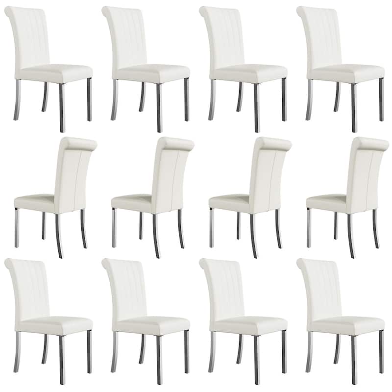 Luxury PU Leather Parsons Dining Chairs Side Chairs with Rolled Back and Stainless Steel Legs - White and Silver - Set of 12