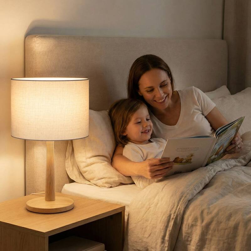 16.3 in. Modern Natural Wood Table Lamp with Linen Fabric Shade