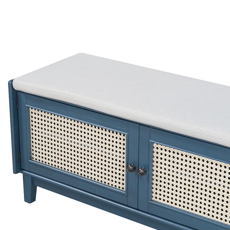 Rattan Entryway Bench with Storage, Cushioned Shoe Bench with Double Doors, Wooden Shoe Organizer Bench for Entryway