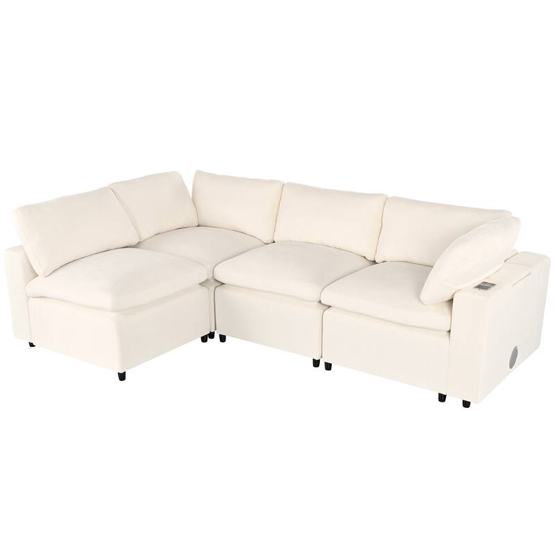 133.9" Polyester Modular Sectional Sofa U-Shaped 4-Seat with Wireless Charging, Bluetooth Speakers and USB Ports