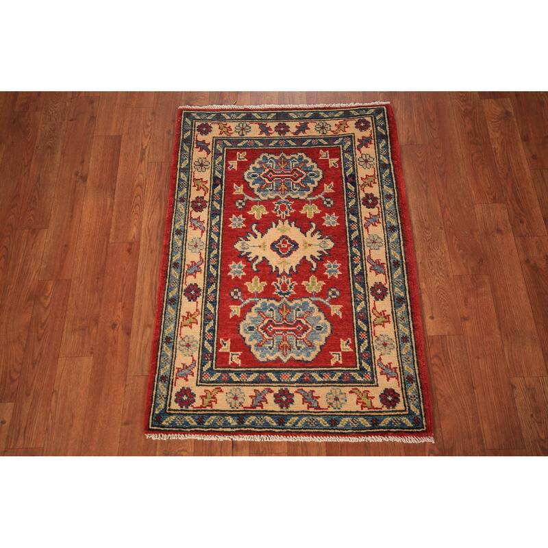 Geometric Kazak Accent Rug Traditional Handmade Red Wool Carpet - 2'0" x 3'0"