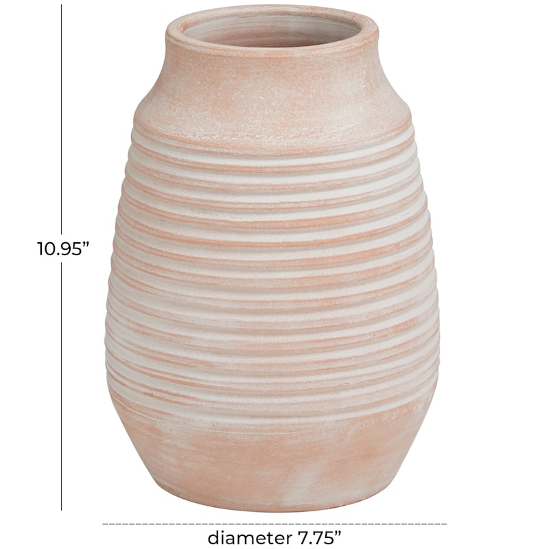 Ceramic Whitewashed Ribbed Vase - Pink - Roche River Decor - 8"W x 8"L x 11"H