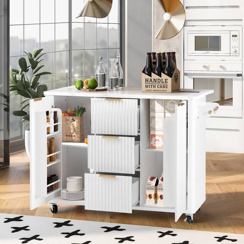 55.5" Fluted Kitchen Island with Drop Leaf and Storage Features Power Outlet and Adjustable Shelves