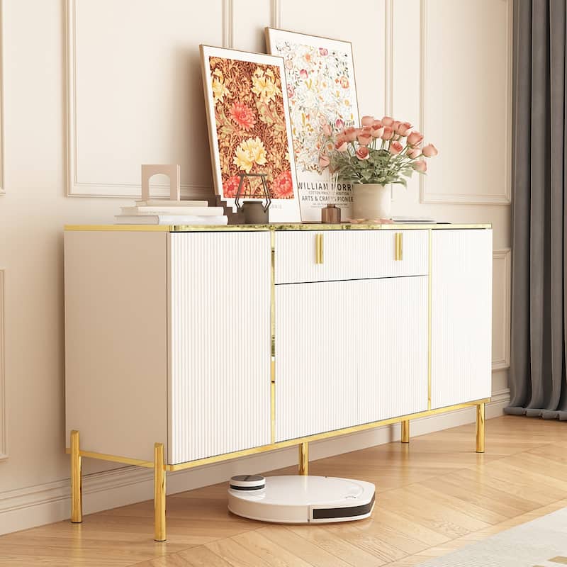 Timechee 4 Doors Kitchen Sideboard 2 Top Drawers Accent Storage Cabinet - 63"W - White/Gold