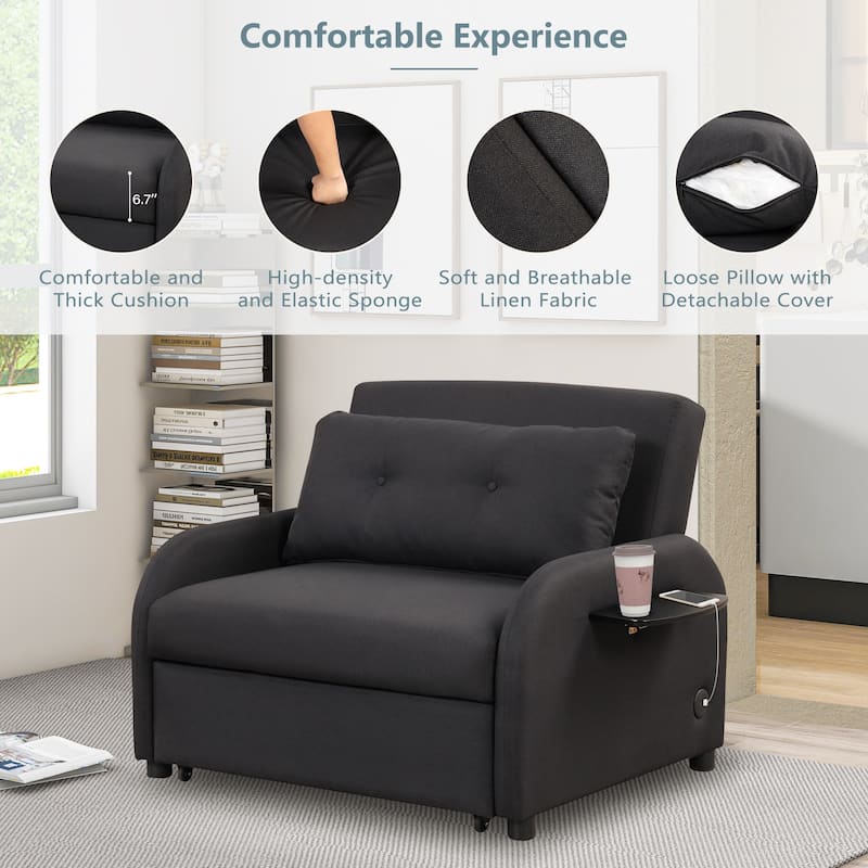 3 in 1 Pull Out Sleeper Sofa, Sofa Bed with Adjustable Backrest, Daybed with USB Charging Port and Wing Table