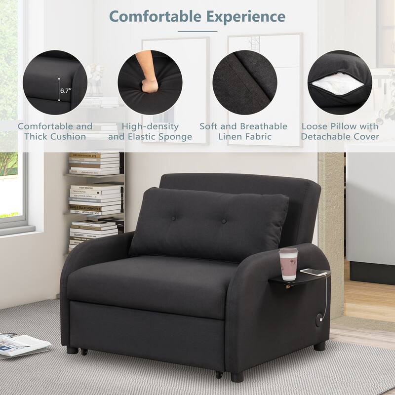 Roomfitters 3-in-1 Pull-Out Sofa Sleeper with 2-Wing Table USB Charging Port for Living Room Recreation Room