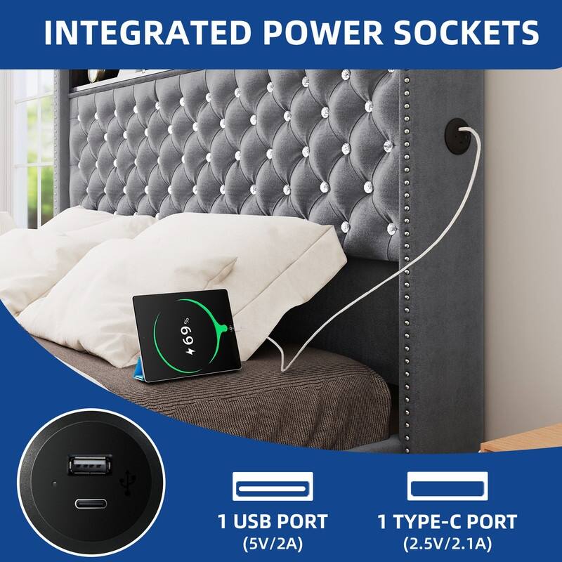 Moasis King Size Velvet Upholstered Bed Frame with Storage Headboard with USB Charging Stations