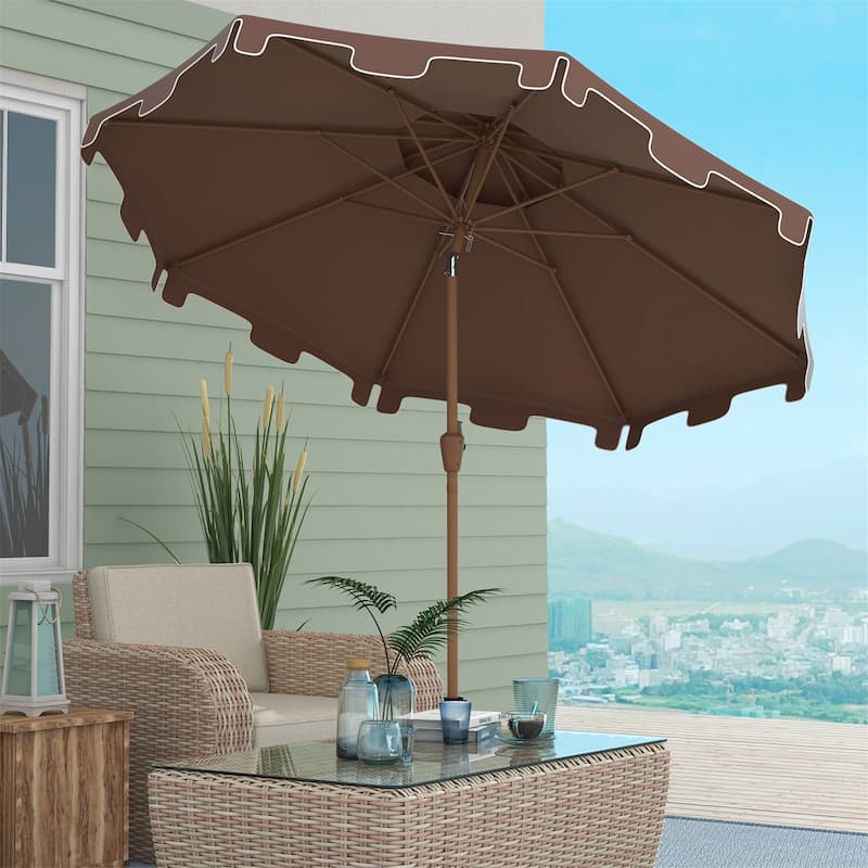 9' Umbrella with Push Button Tilt and Crank,Double Top Ruffled,8 Ribs - Brown