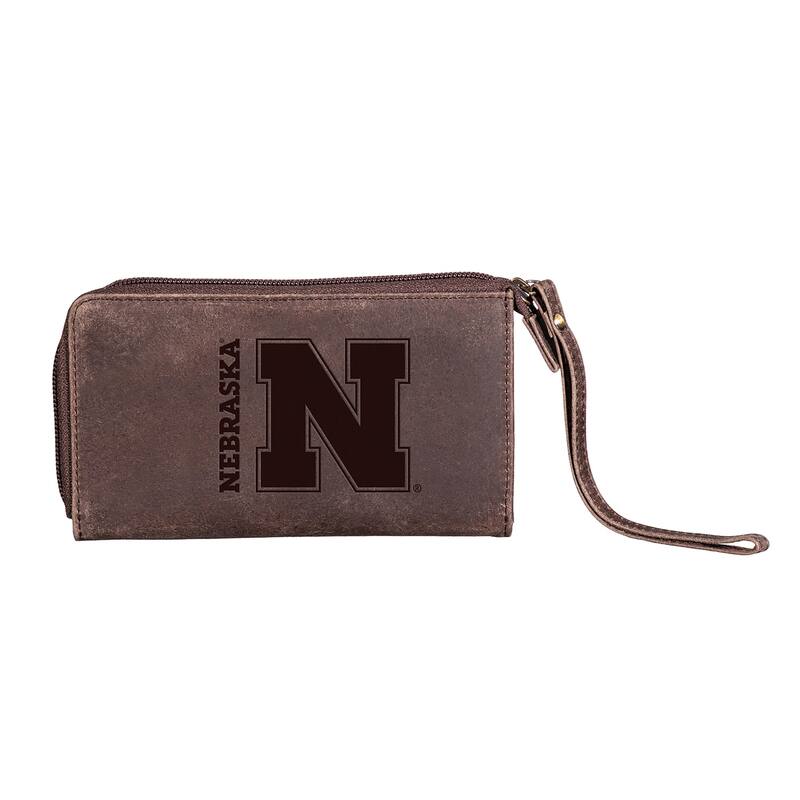 Brown Leather Cell Phone Wristlet Wallet, University of Nebraska - 4" x 7"