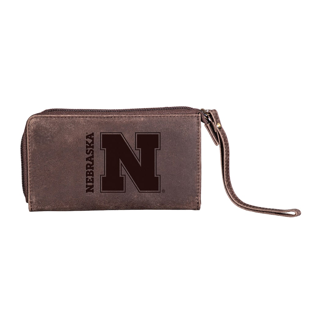 Brown Leather Cell Phone Wristlet Wallet, University of Nebraska - 4" x 7"
