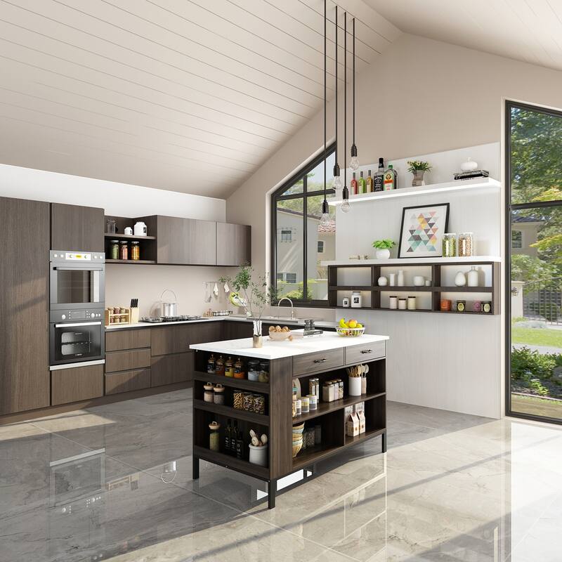 55.1" Kitchen Island Cart with Marbling Color Counter Top, Workstation