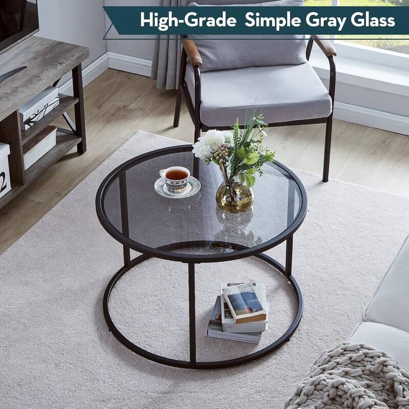 Round Coffee table Glass for Living Room Home Office, Sofa Side Table