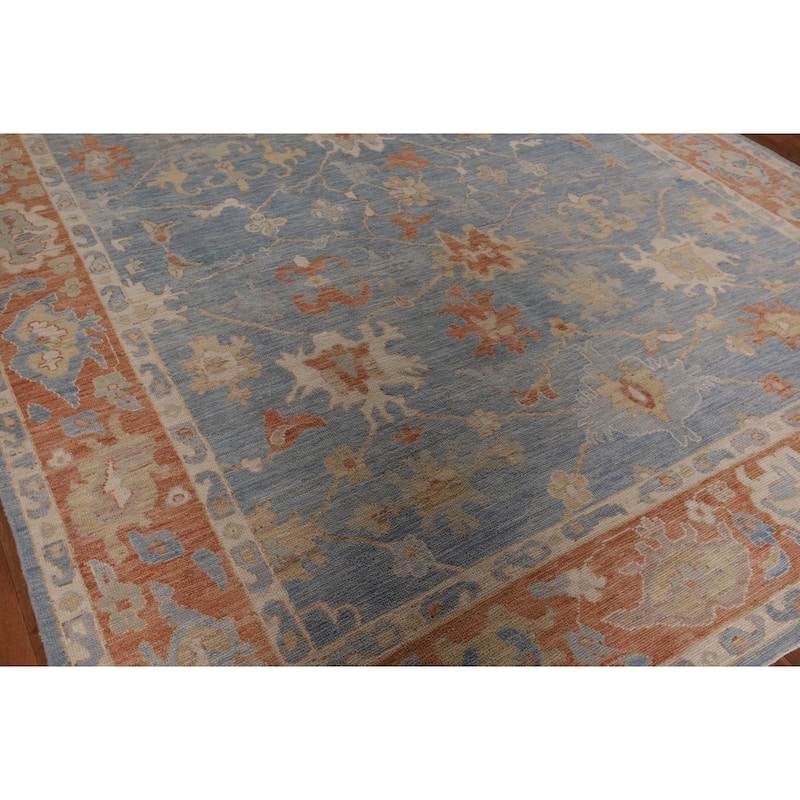 Floral Oushak Vegetable Dye Area Rug Handmade Blue Wool Carpet - 8'0" x 9'11"
