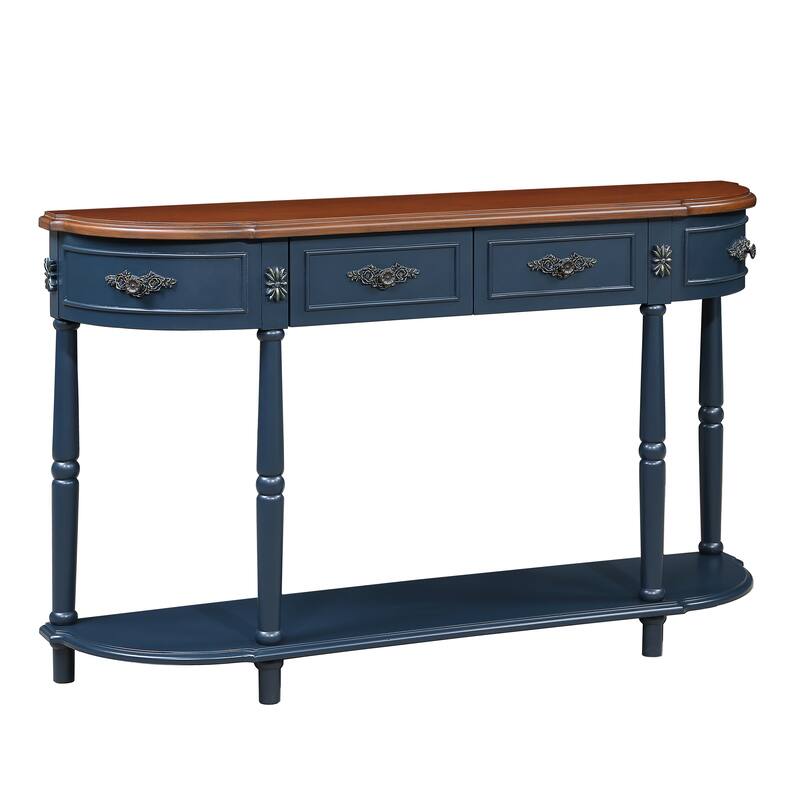 Anmytek Retro Curved Wood Console Table, Navy Blue Wood Top Solid Wood Entry Table with Open Shelf and 2 Drawers